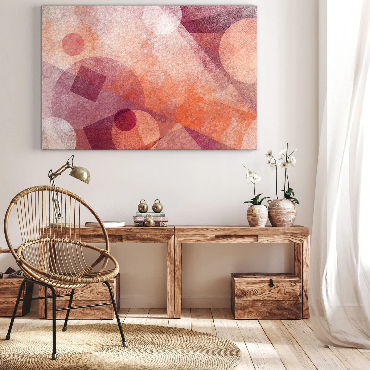 Obraz na płótnie - Abstrakcyjne kształty geometryczne w pastelowych odcieniach różu - 100x70cm - Przekształcenia geometryczne w różu - Nowoczesna dekoracja ścienna do salonu, kuchni i sypialni ARTTOR