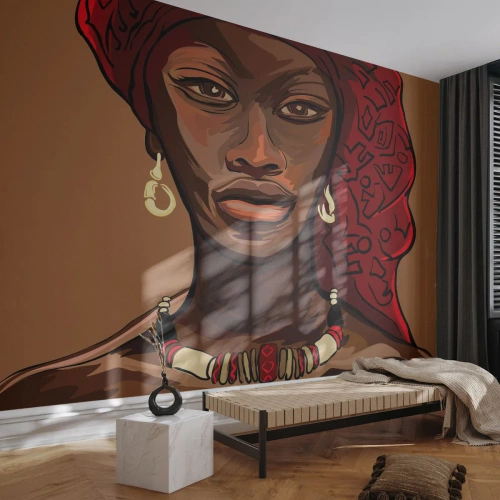 Fototapeta Premium Sand - Portret kobiety w czerwonym turbanie w etnicznym stylu - 100x70cm - Hebanowa Wenus - Nowoczesna dekoracja ścienna do salonu, kuchni i sypialni ARTTOR