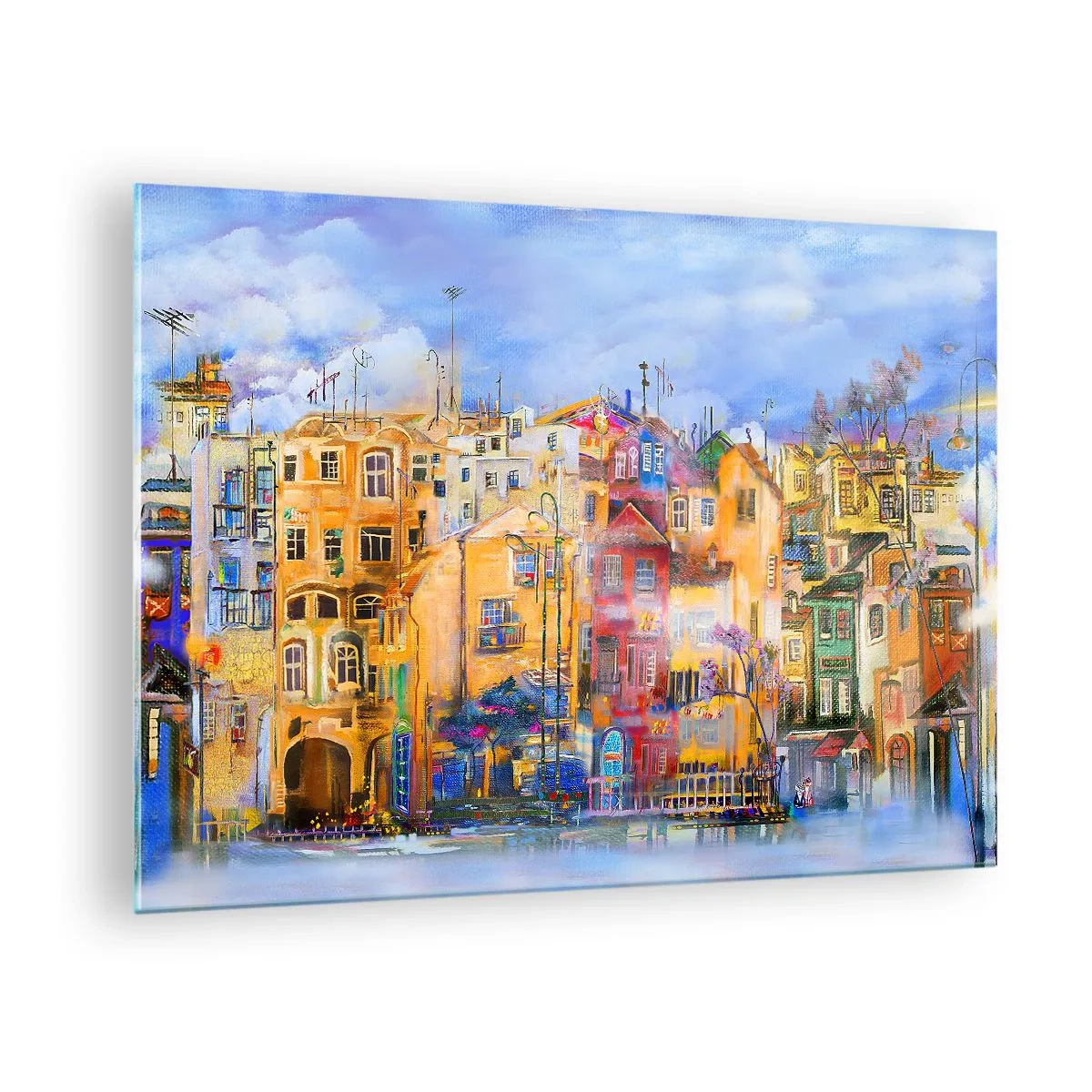 Obraz na szkle - Kolorowe kamienice w artystycznej scenerii miejskiej - 70x50cm - Jesteśmy razem - Nowoczesna dekoracja ścienna do salonu i sypialni ARTTOR