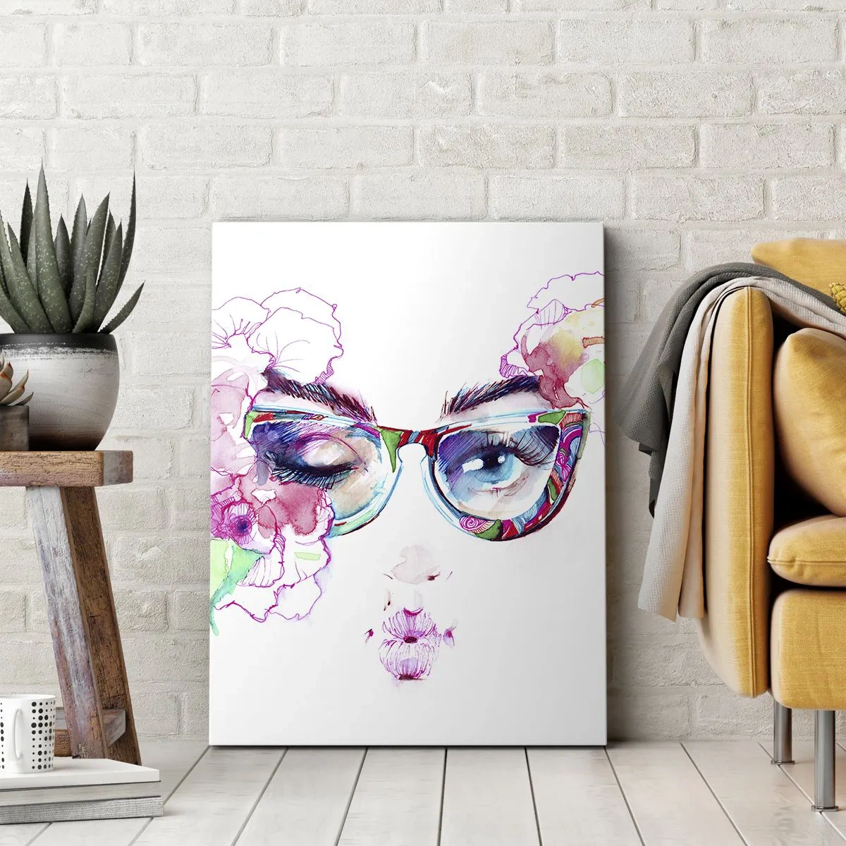 Obraz na płótnie - Akwarelowa twarz z kolorowymi okularami i kwiatami - 70x100cm - Kusząca obietnica - Nowoczesna dekoracja ścienna do salonu i sypialni ARTTOR