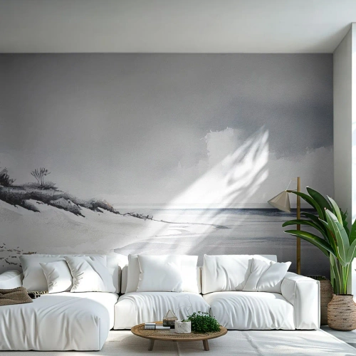 Fototapeta Premium Canvas - Plaża w stonowanych odcieniach szarości i błękitu - 100x70cm - Od zawsze razem - Nowoczesna dekoracja ścienna do salonu i sypialni ARTTOR