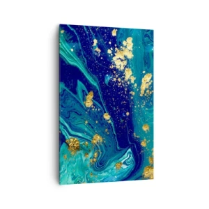 Obraz na płótnie - Abstrakcyjna kompozycja z błękitem, zielenią i złotymi akcentami - 80x120cm - Płatki słońca  - Nowoczesna dekoracja ścienna do salonu i sypialni ARTTOR
