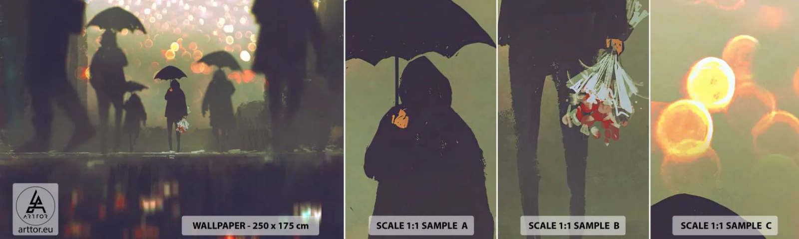 Fototapeta Próbka Samoprzylepna Deluxe Sticker - Z perspektywy kropli deszczu - Spacer W Deszczu, Ludzie, Grafika - 100x30 cm