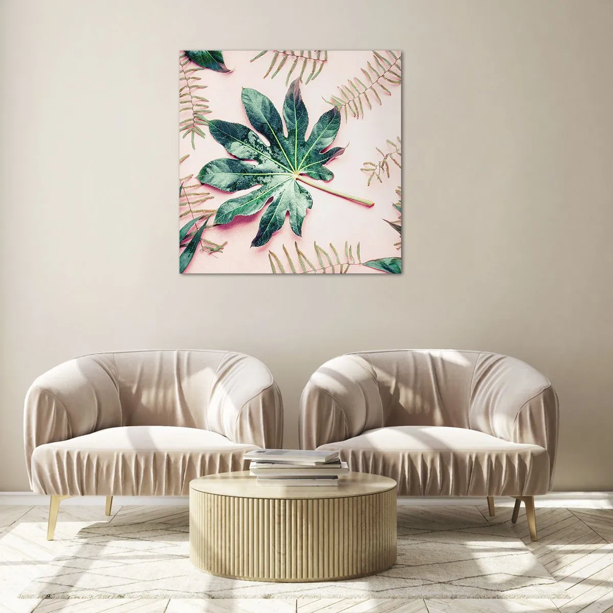 Obraz na szkle - Studium zieleni na różowym tle - 50x50 cm