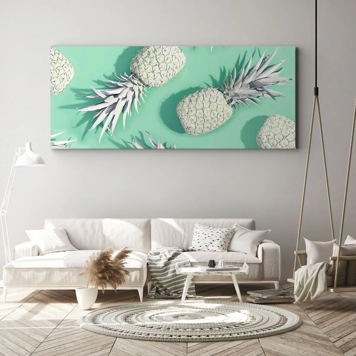 Obraz na płótnie - Białe ananasy na pastelowym tle w stylu minimalistycznym - 160x50cm - świetnie komponują się z miętą - Nowoczesna dekoracja ścienna do salonu i sypialni ARTTOR