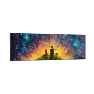 Obraz na szkle - Postacie na zielonym wzgórzu otoczone gwiaździstym niebem - 160x50cm - Miłość i przyjaźń - cały świat - Nowoczesna dekoracja ścienna do salonu i sypialni ARTTOR
