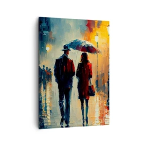 Obraz na płótnie - Para pod parasolem spacerująca w deszczu po mieście - 50x70cm - Miejska love story - Nowoczesna dekoracja ścienna do salonu, kuchni i sypialni ARTTOR