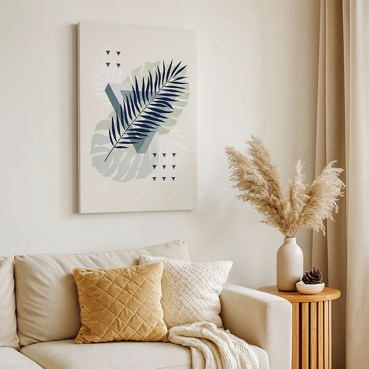 Obraz na płótnie - Abstrakcyjna kompozycja z liściami palmowymi i geometrycznymi kształtami - 50x70cm - Natura i geometria – dwa porządki? - Nowoczesna dekoracja ścienna do salonu, kuchni i sypialni ARTTOR