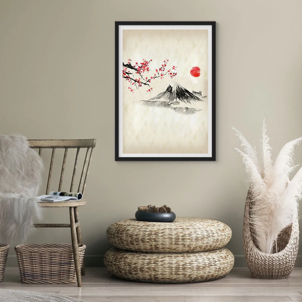 Plakat w czarnej ramie - Góra z kwitnącą gałęzią wiśni i czerwonym słońcem - 50x70cm - Pokochaj Japonię - Nowoczesna dekoracja ścienna do salonu i sypialni ARTTOR