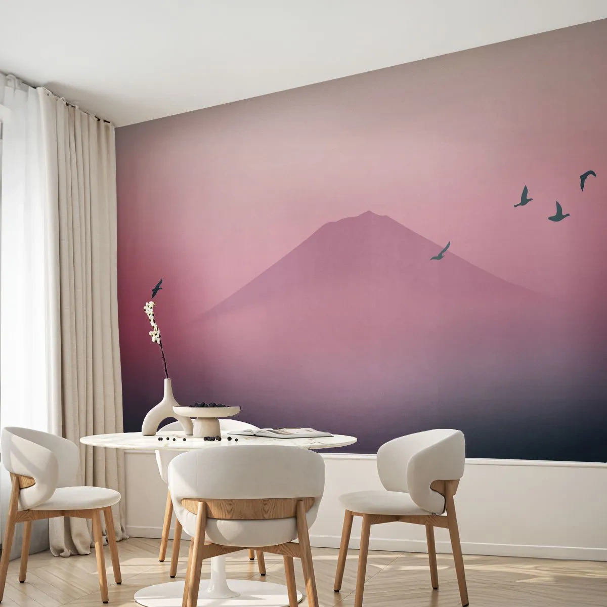 Fototapeta Premium Sand - Góra we mgle o zachodzie słońca z lecącymi ptakami - 100x70cm - Wędrowcy ponad chmurami - Nowoczesna dekoracja ścienna do salonu, kuchni i sypialni ARTTOR