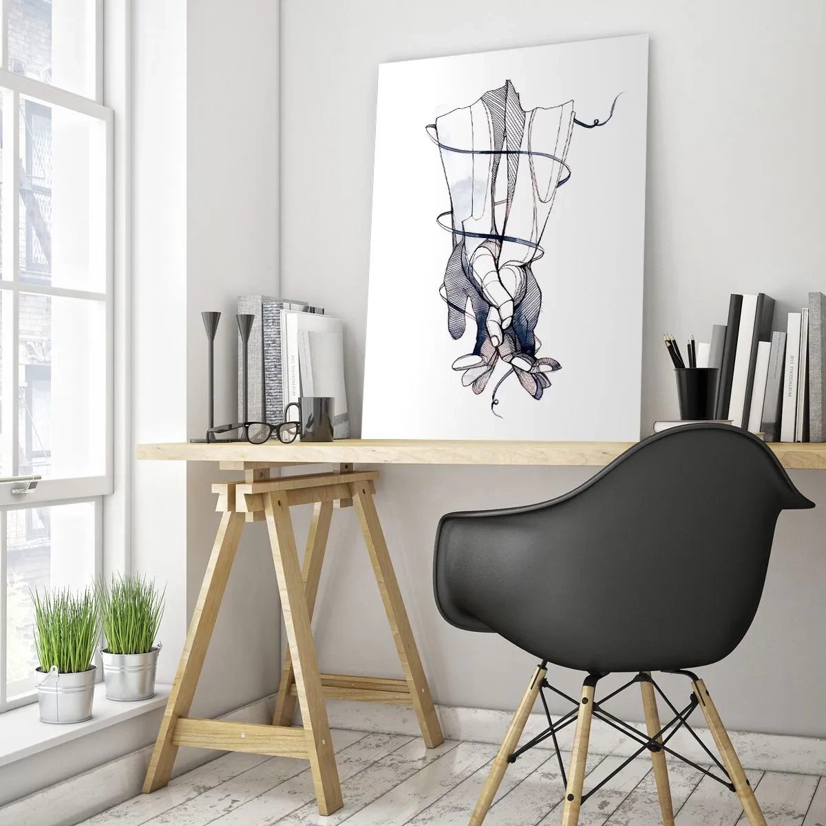 Obraz na szkle - Subtelny rysunek dłoni z delikatnym kwiatem - 70x100cm - Studium dotyku - Nowoczesna dekoracja ścienna do salonu i sypialni ARTTOR