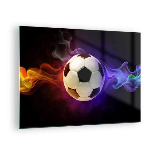 Obraz na szkle - Piłka nożna otoczona kolorowymi smugami - 70x50cm - Magiczna moc gry - Nowoczesna dekoracja ścienna do salonu i sypialni ARTTOR