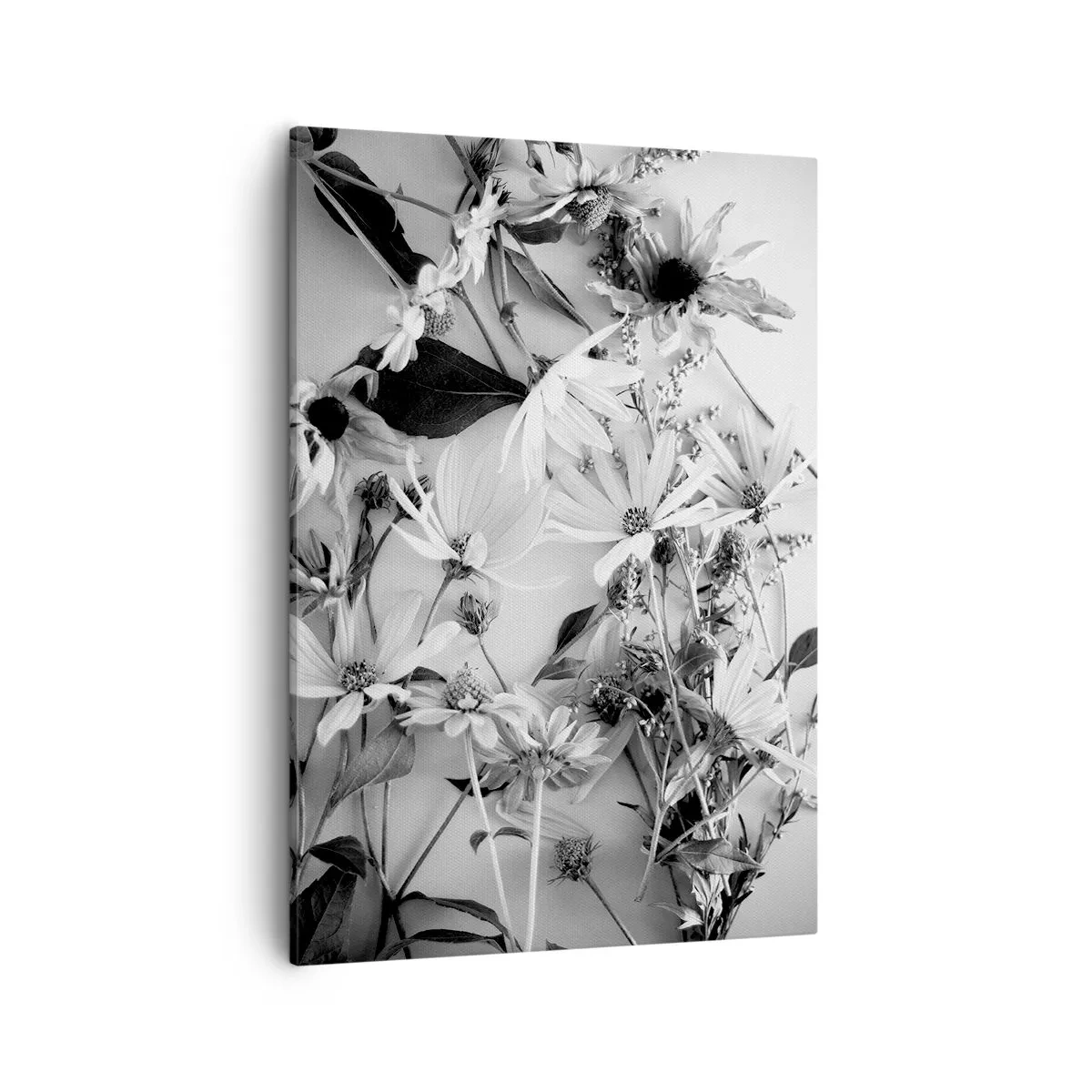 Obraz na płótnie - Czarno-białe kwiaty ułożone na płótnie - 50x70cm - Nie-bukiet kwiatów - Nowoczesna dekoracja ścienna do salonu, kuchni i sypialni ARTTOR