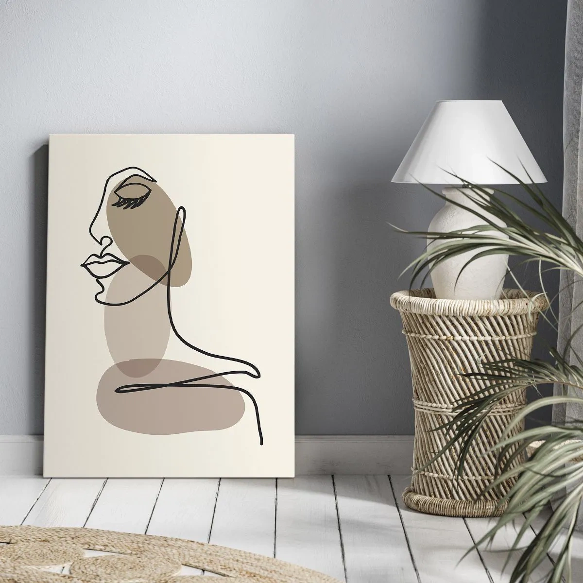 Obraz na płótnie - Minimalistyczny portret kobiety wykonany jedną linią na beżowym tle - 50x70cm - Pewna linia piękna - Nowoczesna dekoracja ścienna do salonu, kuchni i sypialni ARTTOR