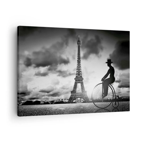 Obraz na płótnie - Tęsknota do Belle Epoque - Czarno-biały obraz z rowerem retro i wieżą Eiffla w tle - 70x50cm