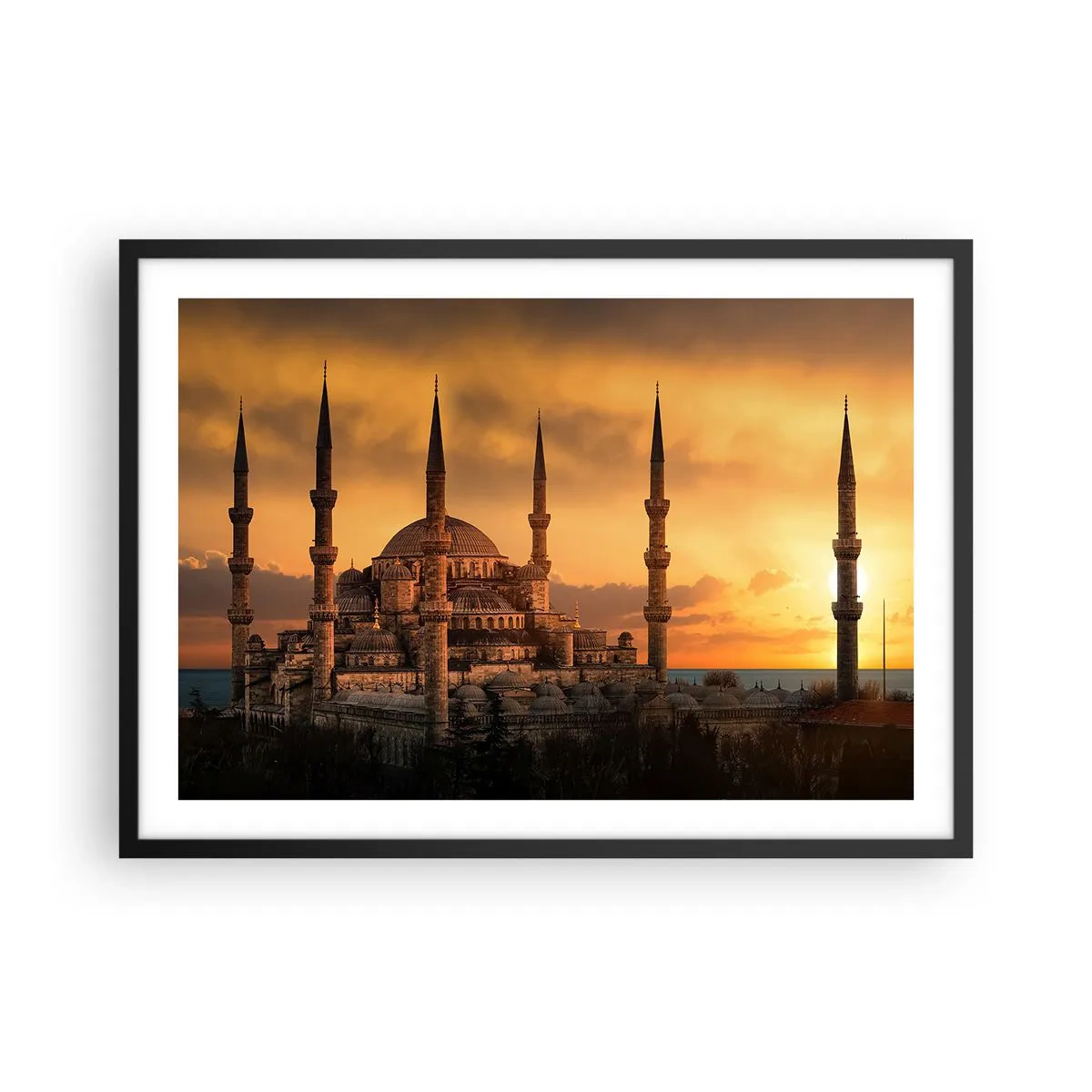 Plakat w czarnej ramie - Meczet o zachodzie słońca w ciepłych barwach - 70x50cm - Bóg jest wielki - Nowoczesna dekoracja ścienna do salonu i sypialni ARTTOR