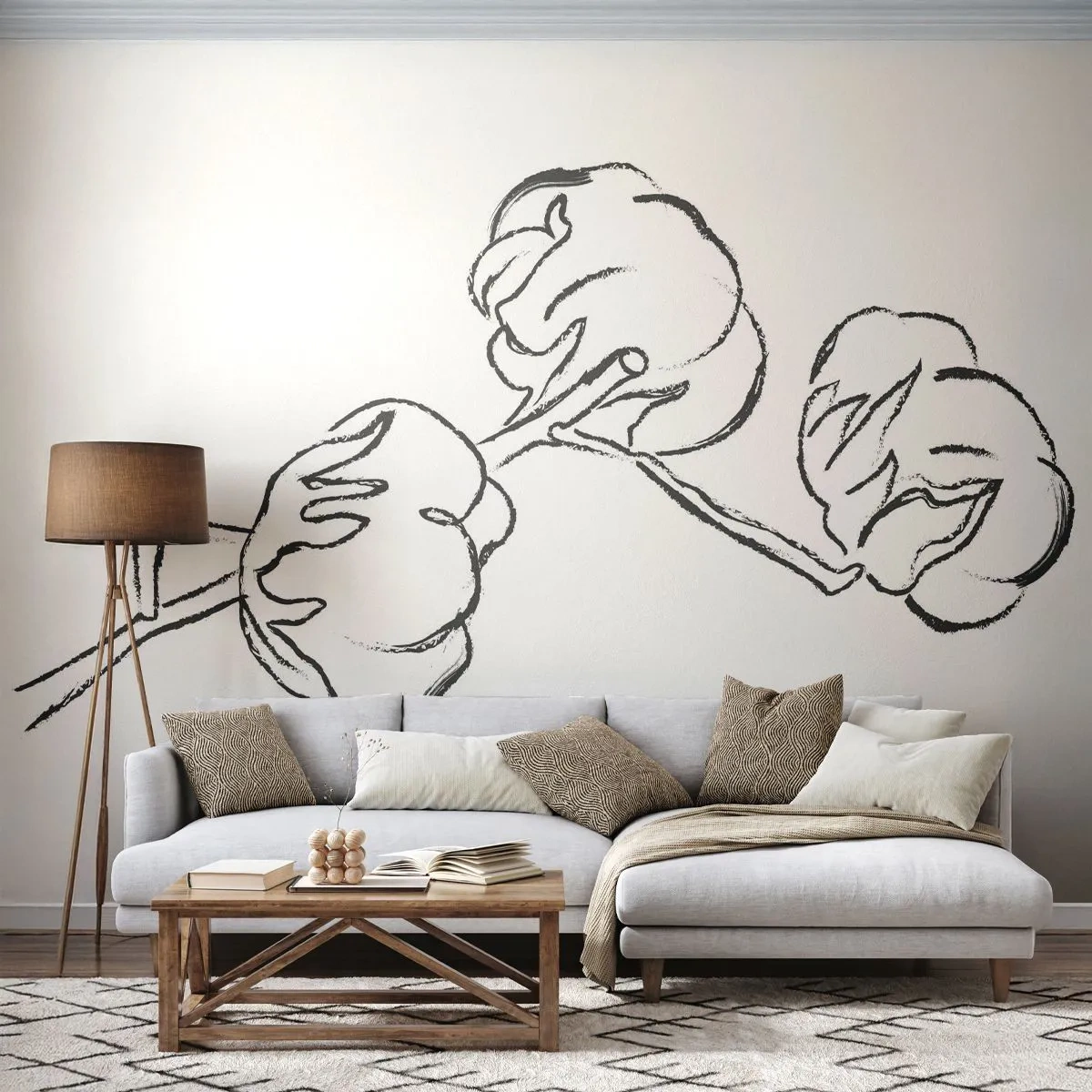 Fototapeta Premium Sand - Rysunkowa gałązka bawełny w czarnej linii na białym tle - 100x70cm - Bawełniany puch - Nowoczesna dekoracja ścienna do salonu, kuchni i sypialni ARTTOR