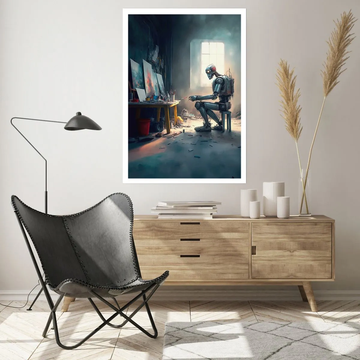 Plakat - Robot artysta malujący obrazy w pracowni - 50x70cm - Akt kreacji - Nowoczesna dekoracja ścienna do salonu, kuchni i sypialni ARTTOR