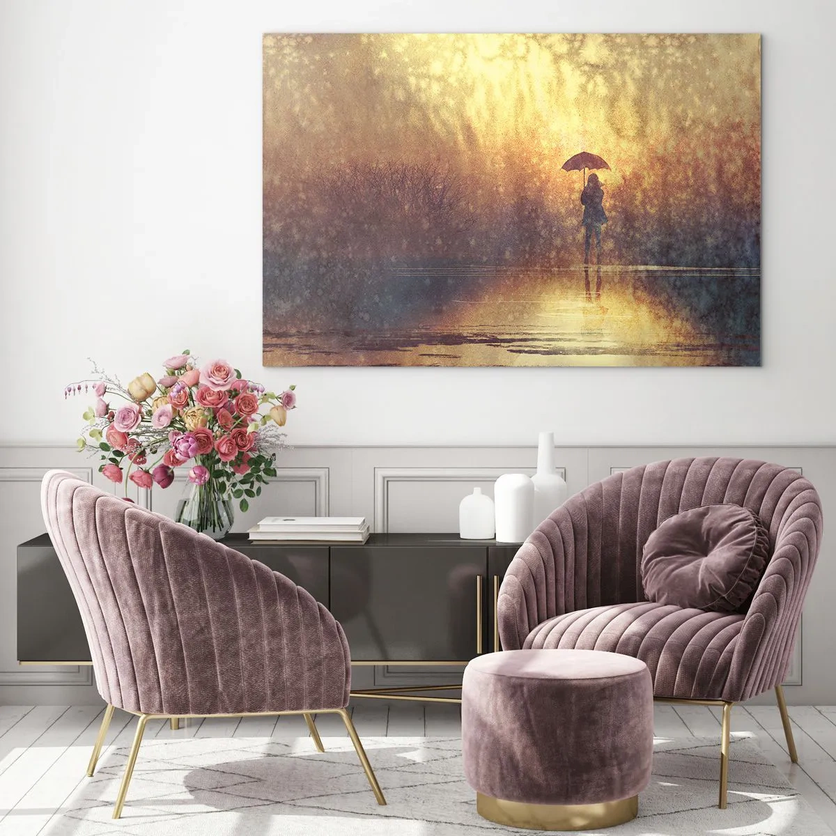Obraz na szkle - Postać z parasolem w świetle zachodzącego słońca i deszczu - 70x50cm - Czuję, że ktoś na mnie patrzy - Nowoczesna dekoracja ścienna do salonu i sypialni ARTTOR