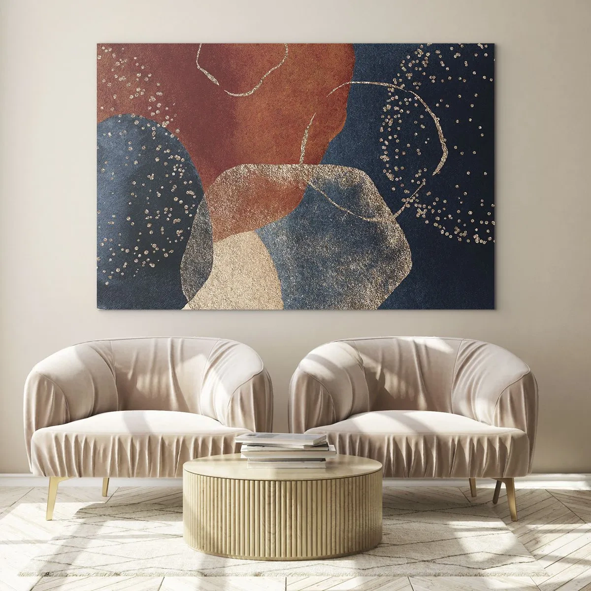 Obraz na szkle - Abstrakcyjne kształty w odcieniach granatu i miedzi - 70x50cm - Lekkość bytu - Nowoczesna dekoracja ścienna do salonu i sypialni ARTTOR