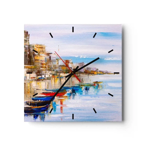 Zegar ścienny - Kolorowe łodzie przy brzegu z widokiem na miejską panoramę - 30x30cm - Wielobarwna miejska przystań - Nowoczesna dekoracja ścienna do salonu i sypialni ARTTOR