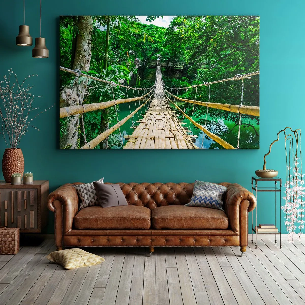 Obraz na płótnie - Wiszący most bambusowy otoczony zielenią - 70x50cm - Małpi most nad zielenią - Nowoczesna dekoracja ścienna do salonu i sypialni ARTTOR
