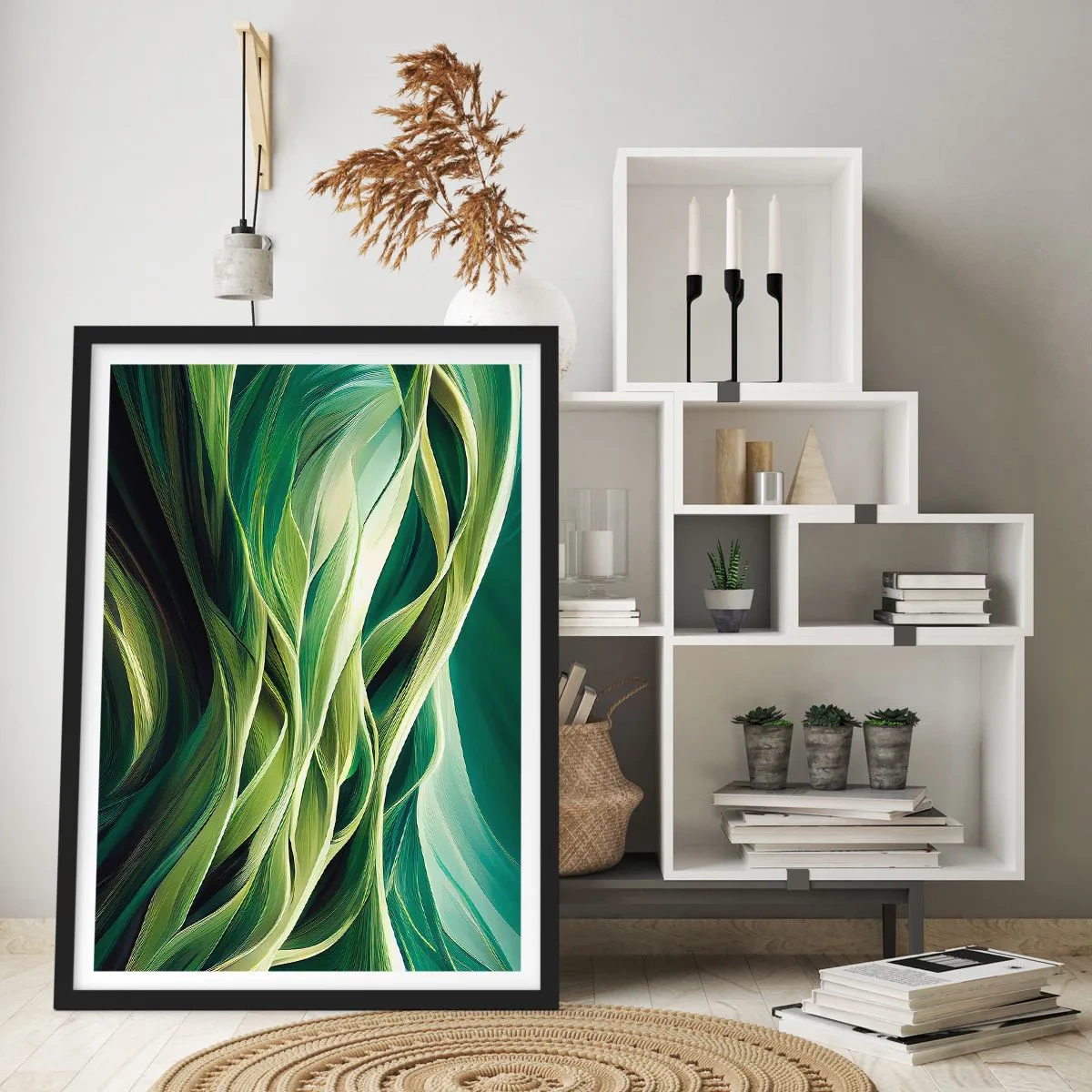 Plakat w czarnej ramie - Abstrakcyjna kompozycja organicznych, zielonych kształtów - 50x70cm - Abstrakcyjna gra w zielone - Nowoczesna dekoracja ścienna do salonu i sypialni ARTTOR