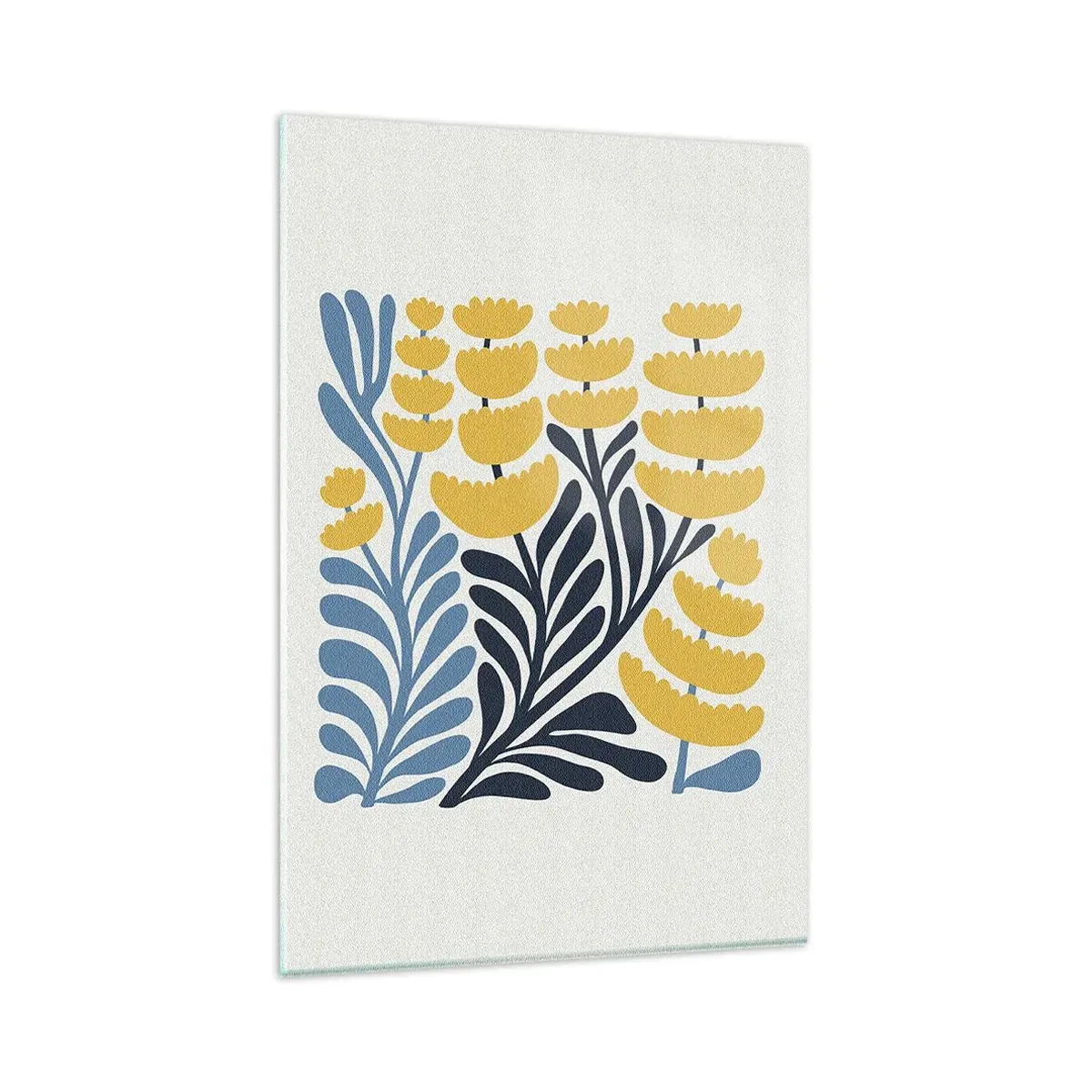 Obraz na szkle - Minimalistyczne żółte kwiaty i niebieskie liście w skandynawskim stylu - 80x120cm - Słoneczna rabata - Nowoczesna dekoracja ścienna do salonu i sypialni ARTTOR