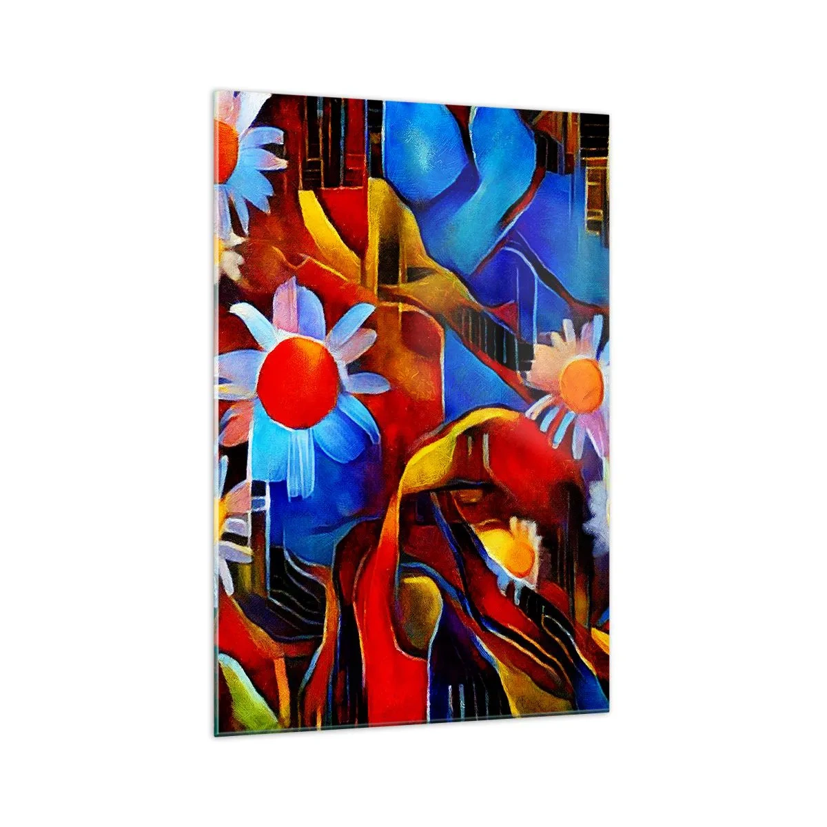 Obraz na szkle - Abstrakcyjne kwiaty na tle geometrycznych wzorów - 70x100cm - Kolory życia - Nowoczesna dekoracja ścienna do salonu i sypialni ARTTOR