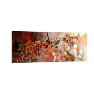 Obraz na szkle - Makrofotografia kropli wody na delikatnej roślinie - 140x50cm - Nanizane na pajęczą nić - Nowoczesna dekoracja ścienna do salonu i sypialni ARTTOR