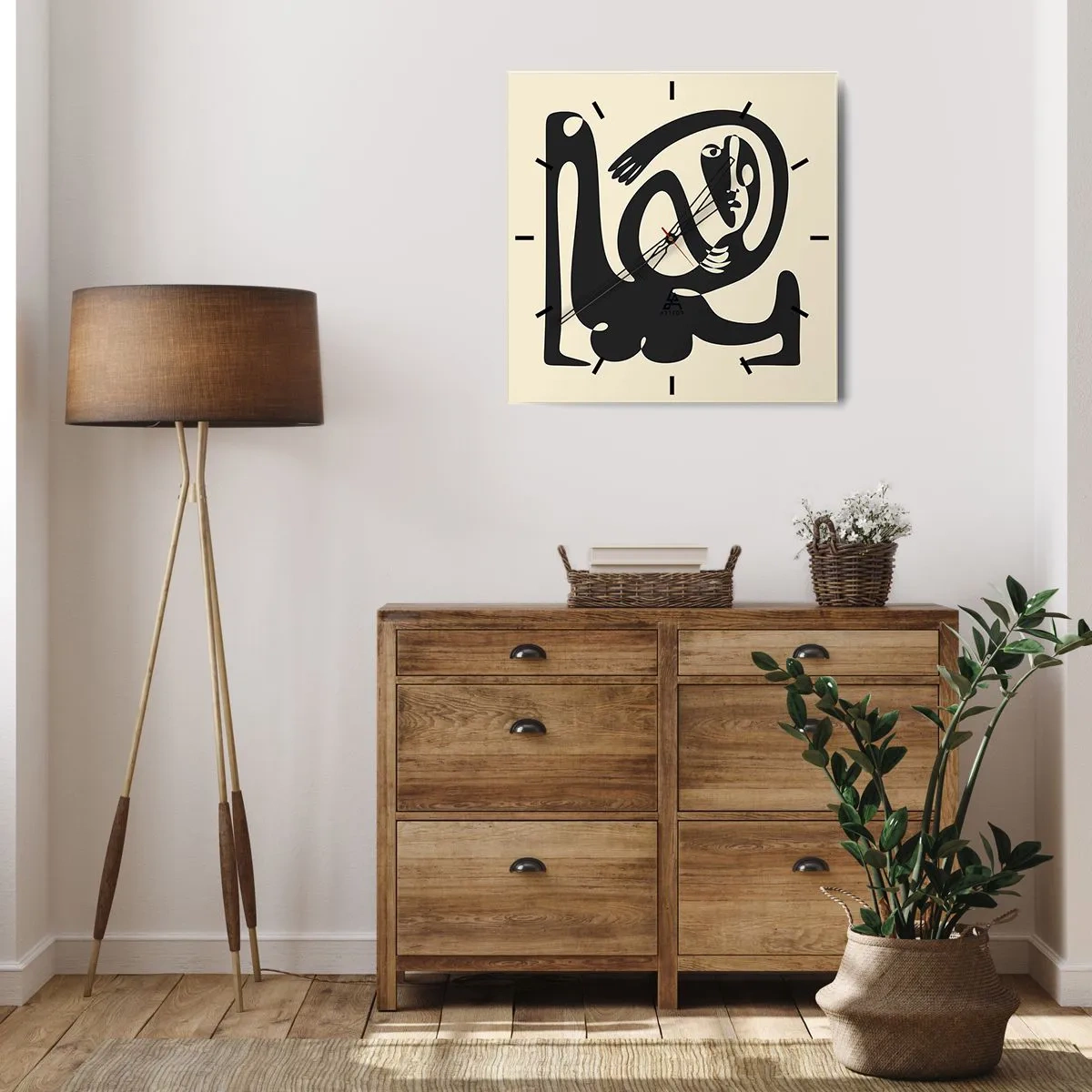 Zegar ścienny - Abstrakcyjna postać w czerni na beżowym tle - 30x30cm - Prawie Picasso - Nowoczesna dekoracja ścienna do salonu i sypialni ARTTOR