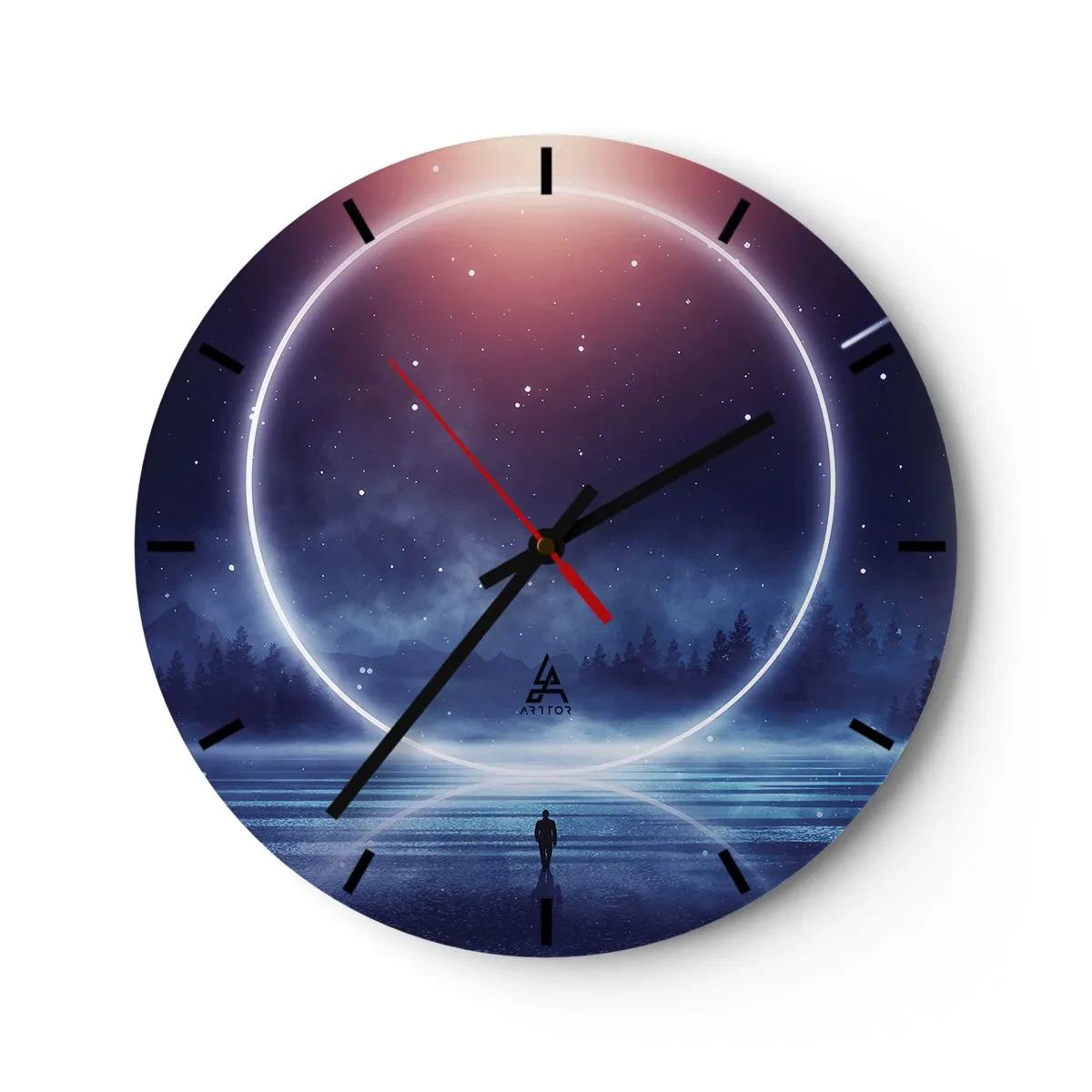Zegar ścienny - Kosmiczny pierścień nad wodą i postać patrząca w jego stronę - 30x30cm - Już tu są… - Nowoczesna dekoracja ścienna do salonu, kuchni i sypialni ARTTOR