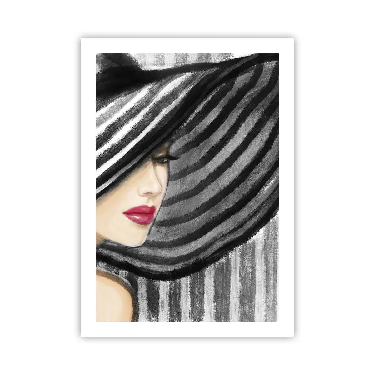 Plakat - Kobieta w szerokim kapeluszu z czerwonymi ustami - 50x70cm - Gdzie ciebie szukać? - Nowoczesna dekoracja ścienna do salonu, kuchni i sypialni ARTTOR