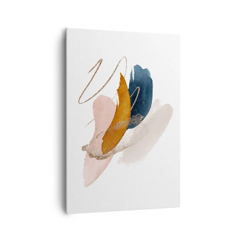 Obraz na płótnie - Abstrakcyjne pociągnięcia w pastelowych kolorach z akcentami złota - 70x100cm - Kompozycja uskrzydlona - Nowoczesna dekoracja ścienna do salonu i sypialni ARTTOR