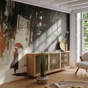 Fototapeta Samoprzylepna Deluxe Sticker - Poezja czerwonego parasola - Miasto, Kobieta, Architektura - 350x256 cm