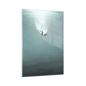 Obraz na szkle - Postać zanurzająca się w głębokiej wodzie o turkusowym odcieniu - 70x100cm - W objęciach oceanu - Nowoczesna dekoracja ścienna do salonu i sypialni ARTTOR