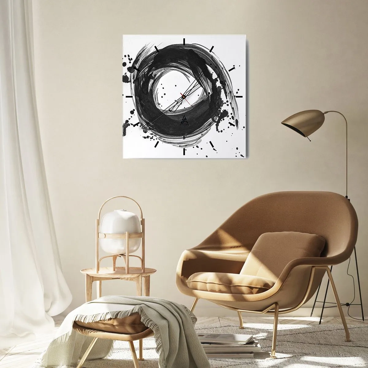 Zegar ścienny - Czarna abstrakcja w formie koła na białym tle - 30x30cm - Wir tworzenia - Nowoczesna dekoracja ścienna do salonu i sypialni ARTTOR