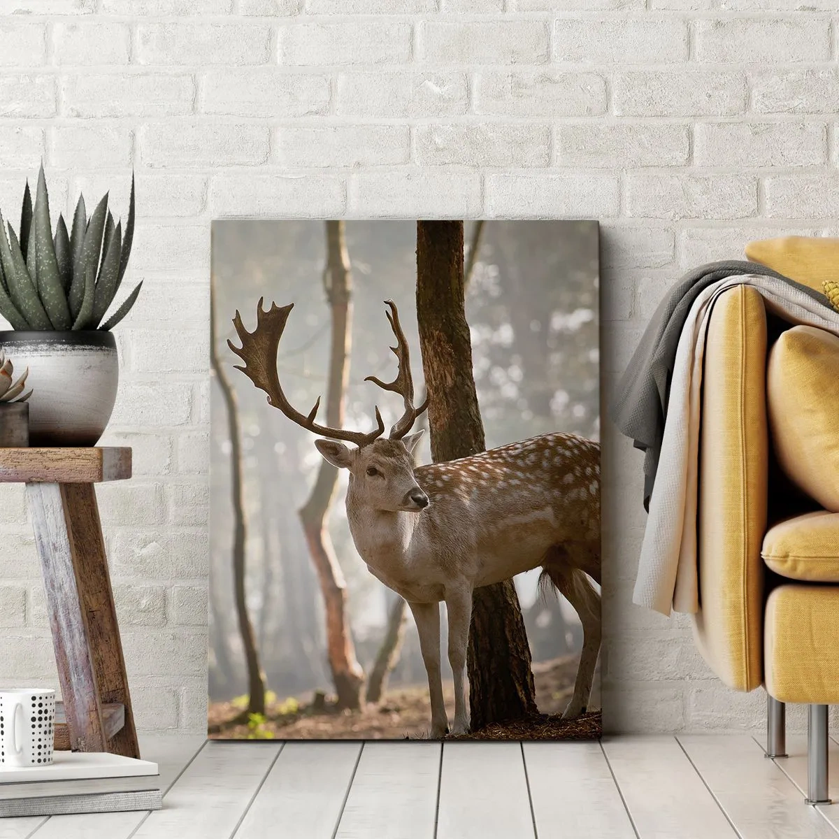 Obraz na płótnie - Jeleń w lesie w porannej mgle - 80x120cm - Światło młodości - Nowoczesna dekoracja ścienna do salonu i sypialni ARTTOR