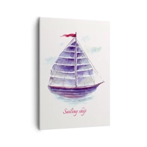 Obraz na płótnie - Akwarelowa ilustracja żaglowca na wodzie z napisem Sailing Ship - 50x70cm - Pełnych żagli i spokojnej wody - Nowoczesna dekoracja ścienna do salonu, kuchni i sypialni ARTTOR