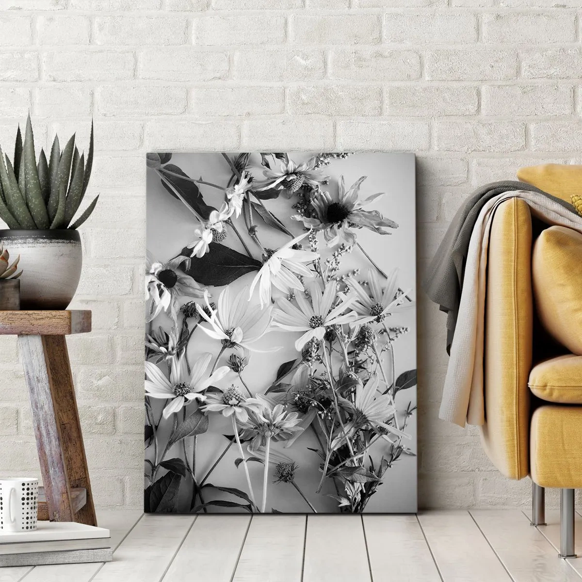 Obraz na płótnie - Czarno-białe kwiaty ułożone na płótnie - 50x70cm - Nie-bukiet kwiatów - Nowoczesna dekoracja ścienna do salonu, kuchni i sypialni ARTTOR