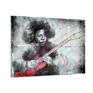 Obraz na szkle - Artystyczny portret muzyka z gitarą elektryczną - 100x70cm - Na falach muzyki - Nowoczesna dekoracja ścienna do salonu, kuchni i sypialni ARTTOR