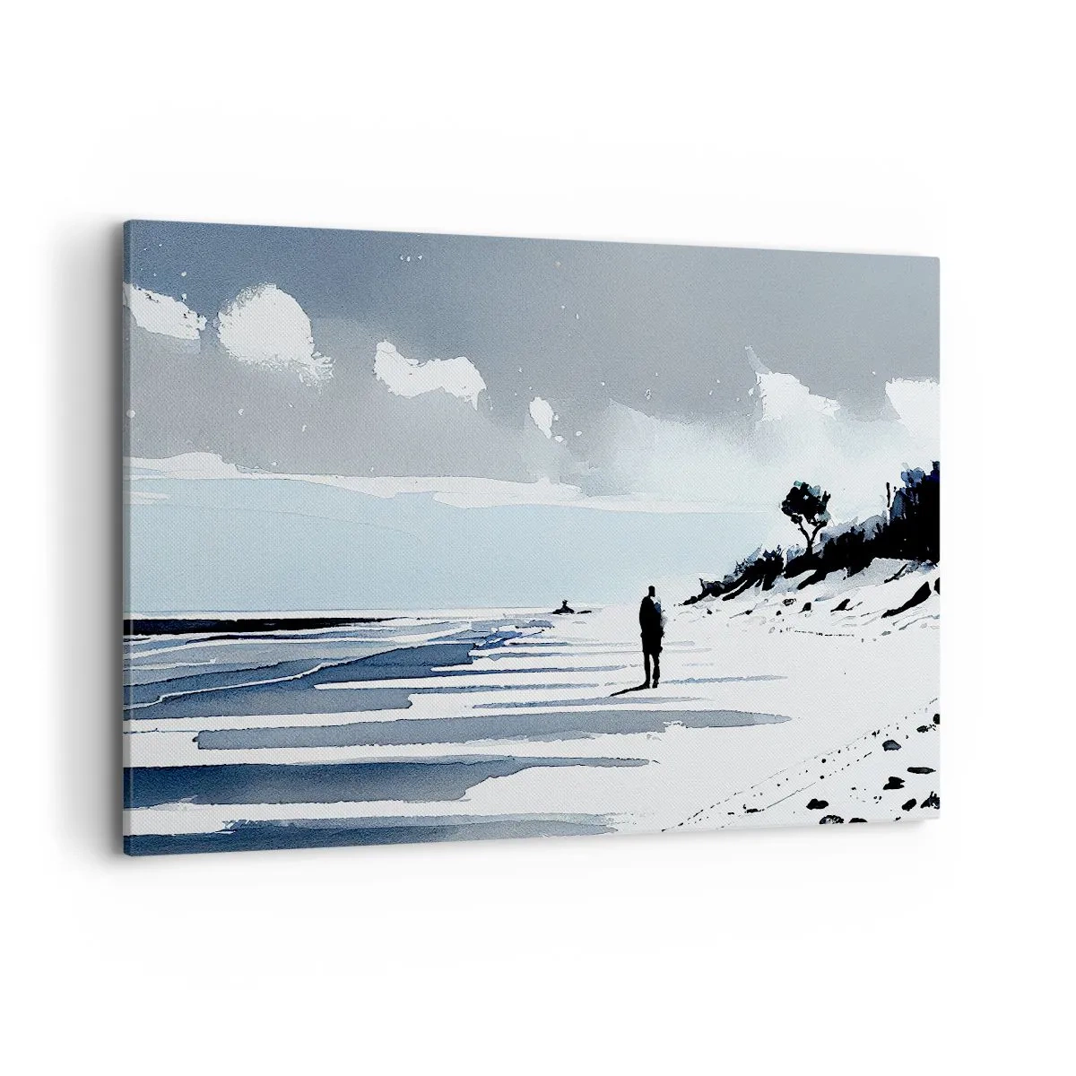 Obraz na płótnie - Samotna postać spacerująca po pustej plaży - 120x80cm - Sam na sam - Nowoczesna dekoracja ścienna do salonu, kuchni i sypialni ARTTOR