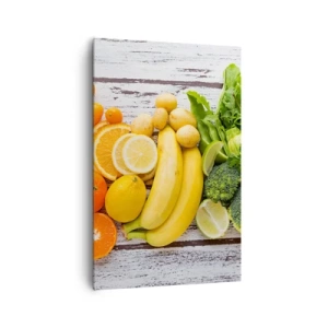 Obraz na płótnie - Kolorowe owoce i warzywa na drewnianym tle - 80x120cm - To nie wystarczy? - Nowoczesna dekoracja ścienna do salonu i sypialni ARTTOR