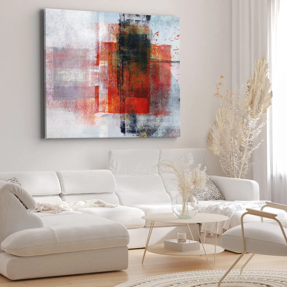 Obraz na płótnie - Abstrakcyjna kompozycja geometryczna z czerwonymi i pomarańczowymi akcentami - 70x50cm - Kompozycja rozżarzona - Nowoczesna dekoracja ścienna do salonu i sypialni ARTTOR