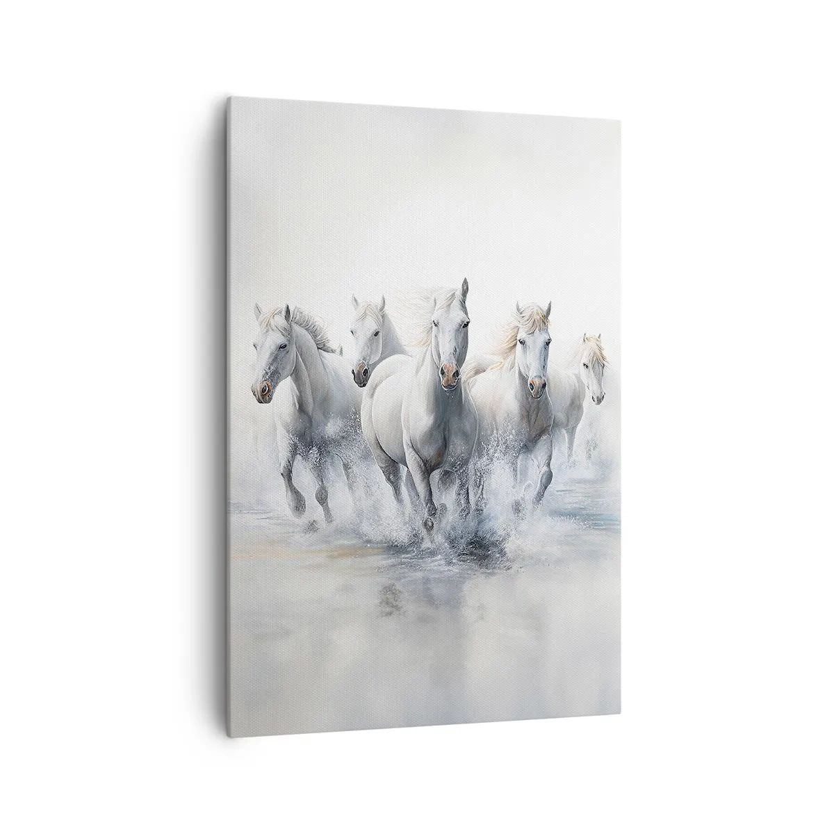 Obraz na płótnie - Białe konie galopujące przez wodę - 70x100cm - Biała magia - Nowoczesna dekoracja ścienna do salonu i sypialni ARTTOR
