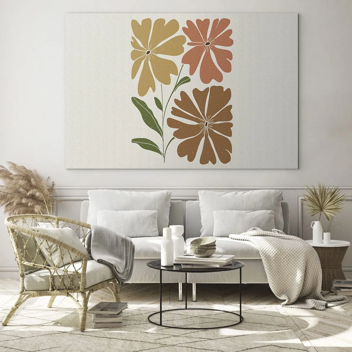 Obraz na szkle - Trzy stylizowane kwiaty w ciepłych barwach na jasnym tle - 70x50cm - Natura i geometria - Nowoczesna dekoracja ścienna do salonu i sypialni ARTTOR