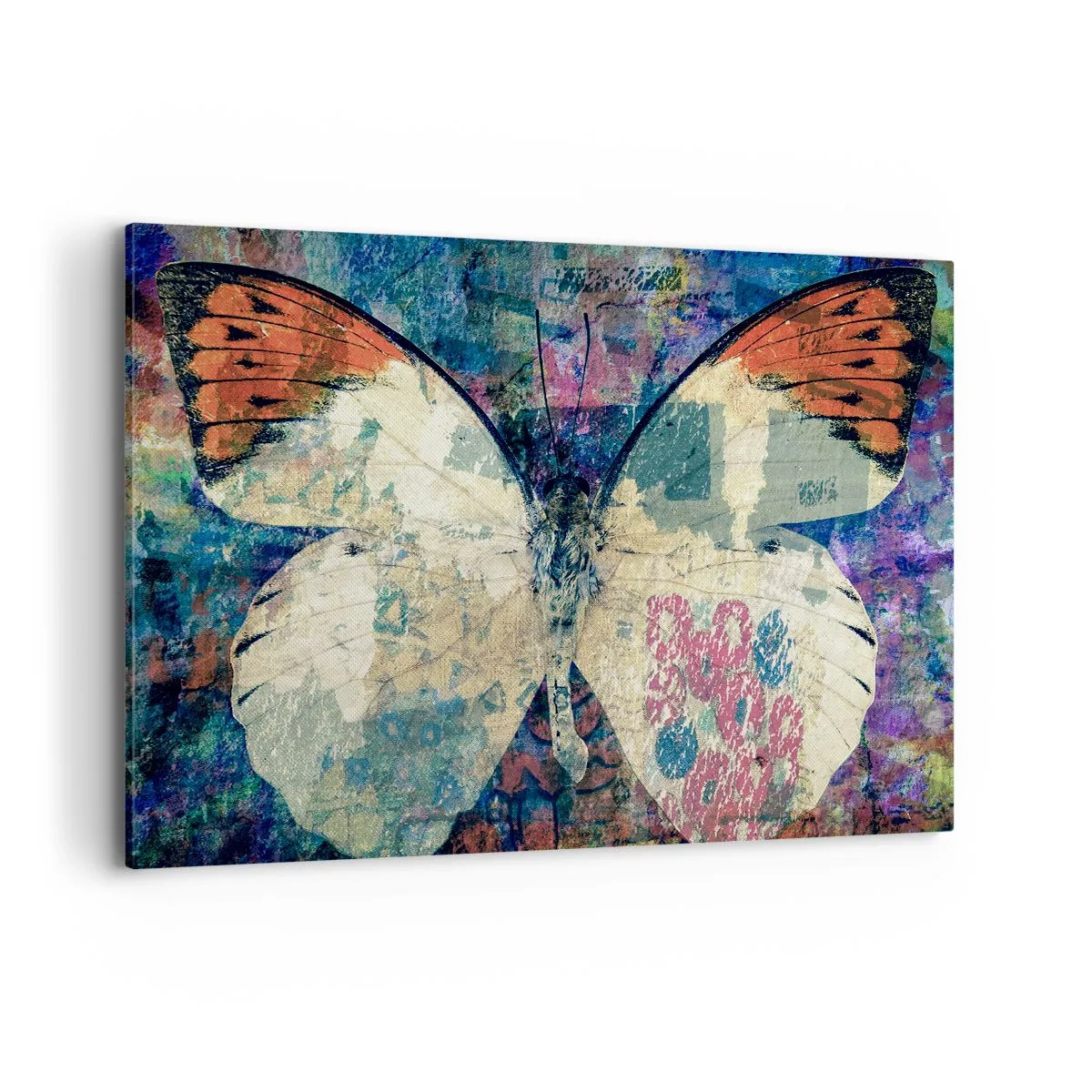 Obraz na płótnie - Motyl w abstrakcyjnym artystycznym tle z kolorowymi detalami - 120x80cm - Subtelna kruchość - Nowoczesna dekoracja ścienna do salonu, kuchni i sypialni ARTTOR