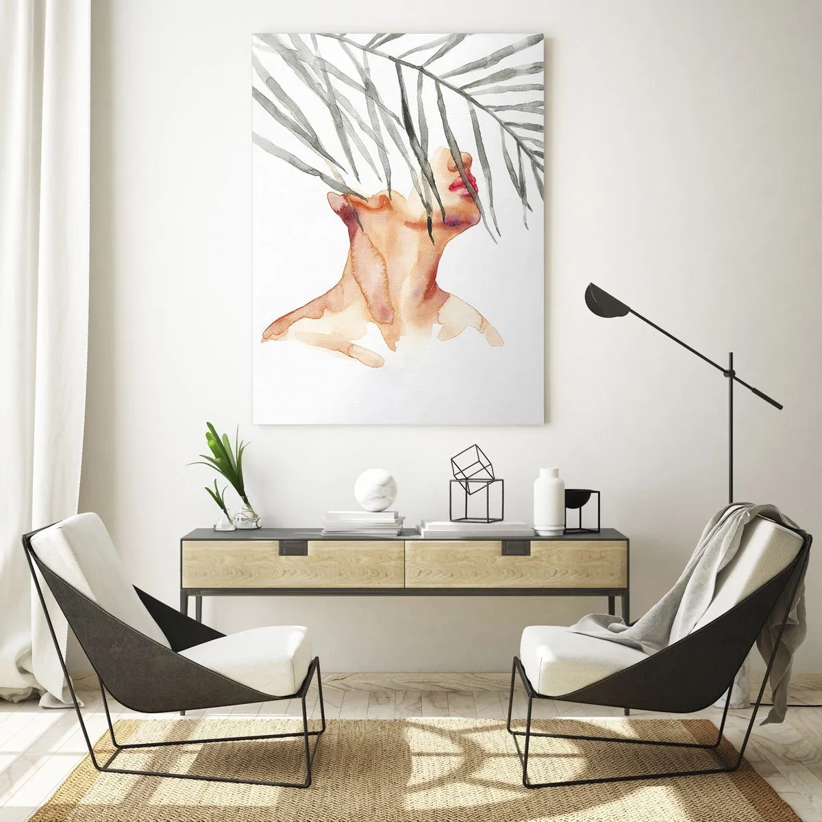 Obraz na szkle - Akwarelowa sylwetka kobiety z gałęzią palmy zasłaniającą twarz - 70x100cm - Poczuć puls tropików - Nowoczesna dekoracja ścienna do salonu i sypialni ARTTOR