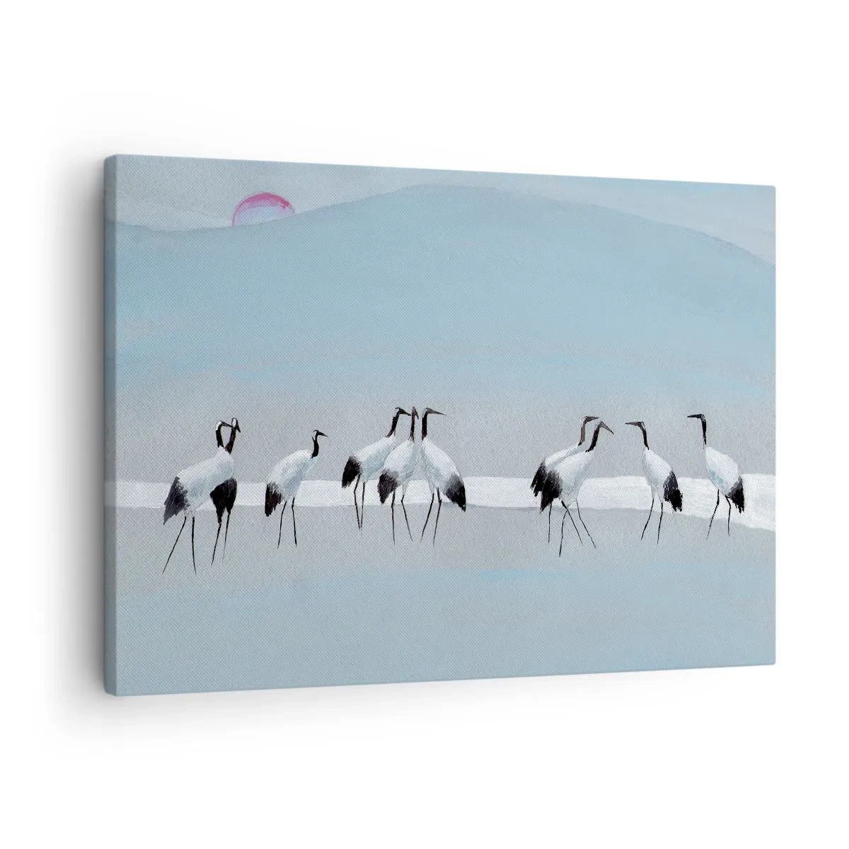 Obraz na płótnie - Grupa żurawi na tle błękitnego nieba i wschodzącego słońca - 70x50cm - Po gorącym dniu - Nowoczesna dekoracja ścienna do salonu i sypialni ARTTOR
