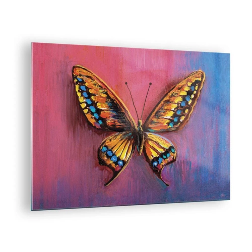 Obraz na szkle - Kolorowy motyl na tle w odcieniach różu i fioletu - 70x50cm - Klejnot natury - Nowoczesna dekoracja ścienna do salonu i sypialni ARTTOR